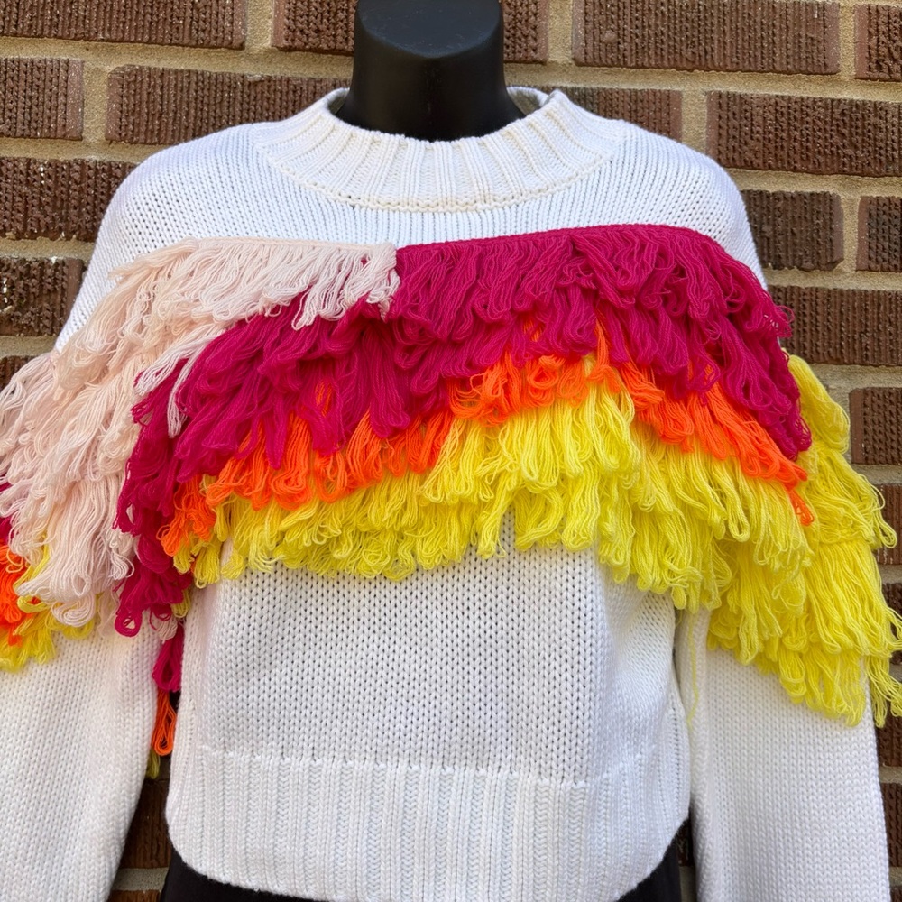 525 America NWT Off White Rainbow Fringe Knit Sweater Size XS